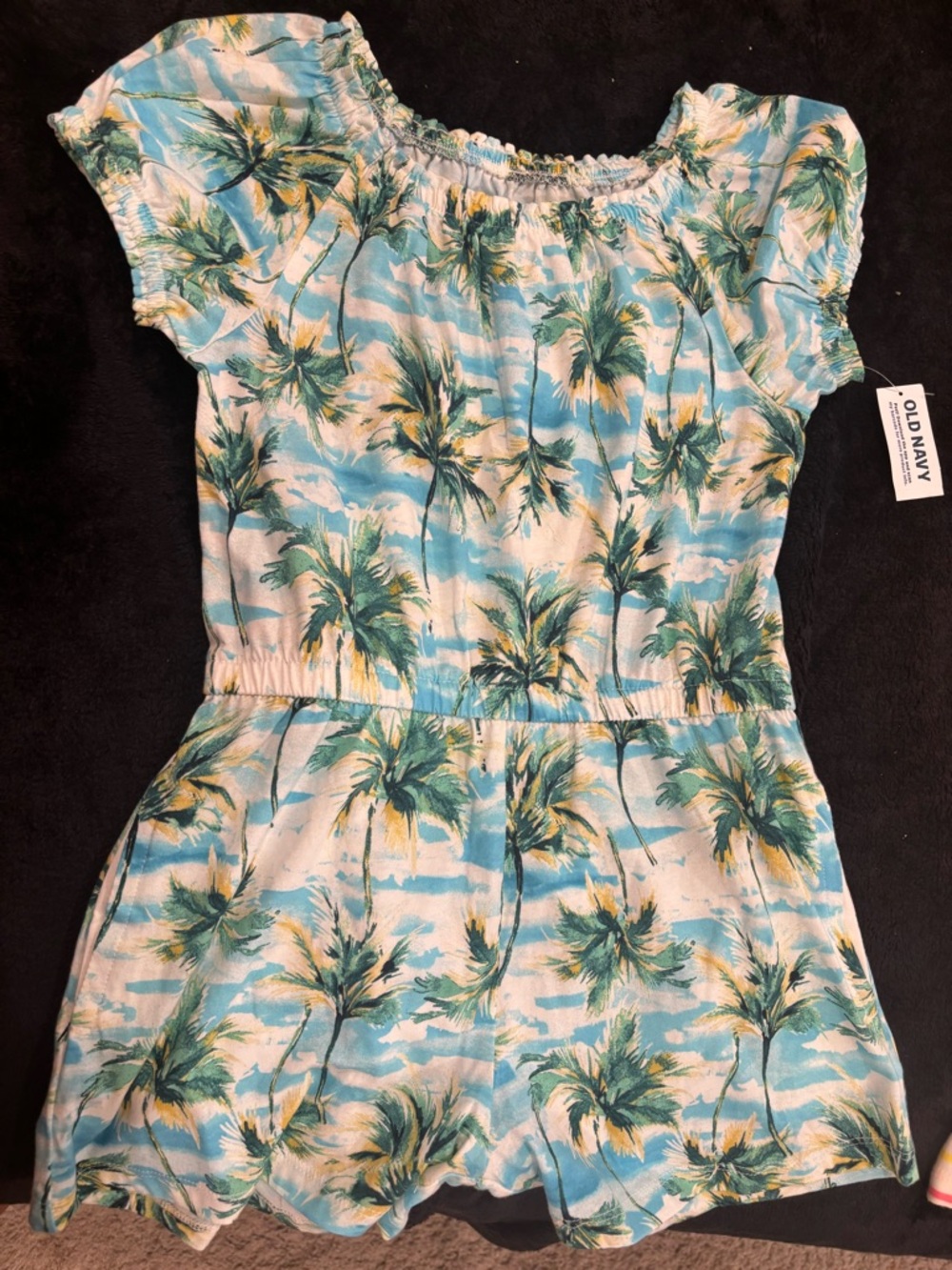 Old Navy Palm-Print Romper in Blue, Green & Yellow